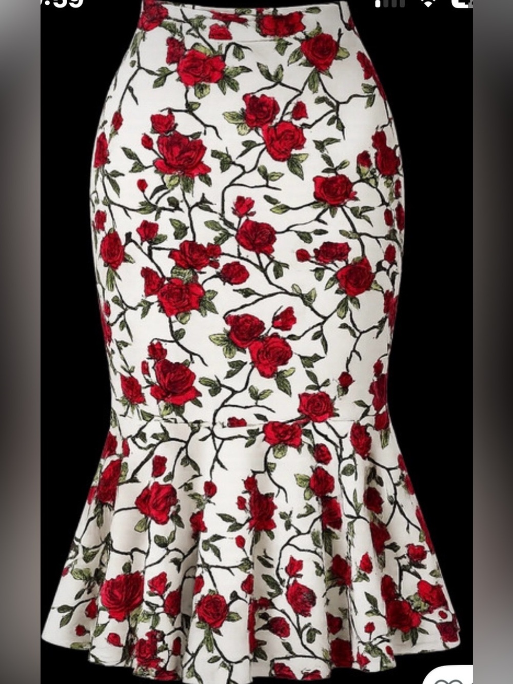 SHEIN Red Rose Floral Mermaid Hem Skirt Size Medium White Romantic Boho Trumpet